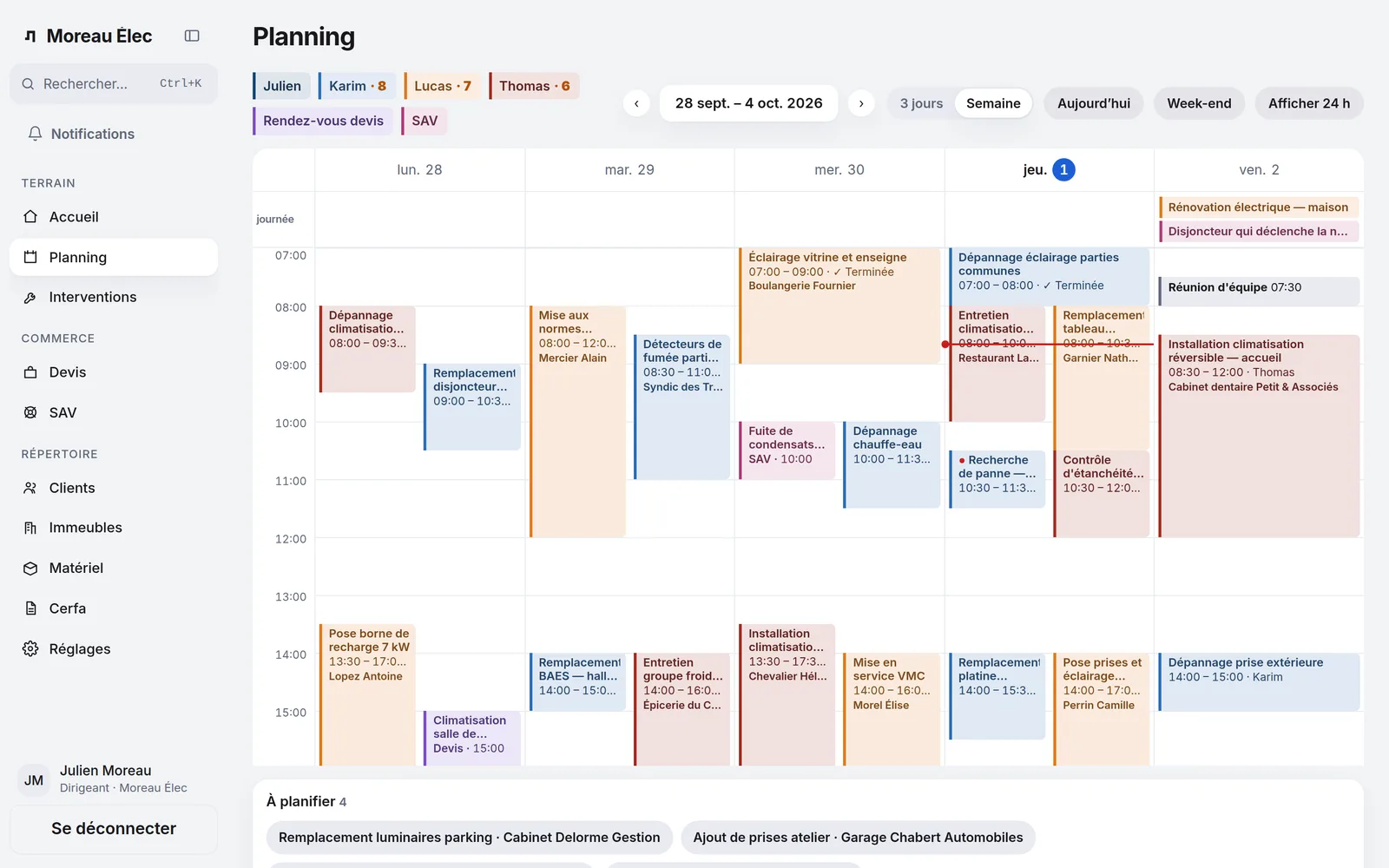 Le planning de la semaine, une couleur par technicien